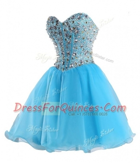 Shining Mini Length Lace Up Homecoming Dress Blue for Prom and Party with Beading