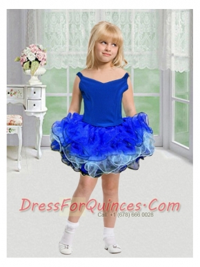 Popular Ball Gown Off the Shoulder Mini-length Ruffles Royal Blue Little Girl Dress
