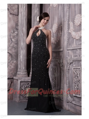 Prom Dress Black Column Halter Brush Train Elastic Woven Satin Beading