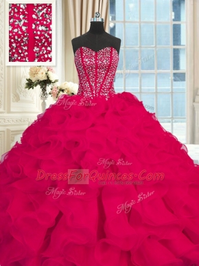 Custom Designed Red Quinceanera Dresses Sweetheart Sleeveless Brush Train Lace Up