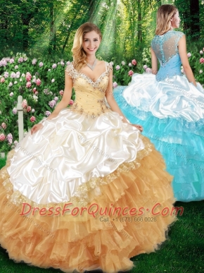 2015 Sweet Ball Gown Champagne Quinceanera Dresses with Beading