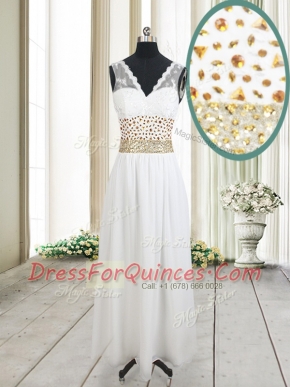 New Style White Column/Sheath Beading and Belt Dress for Prom Zipper Chiffon Sleeveless Ankle Length