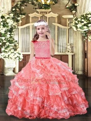 Modern Watermelon Red Ball Gowns Organza Scoop Sleeveless Lace and Ruffled Layers Floor Length Zipper Kids Pageant Dress