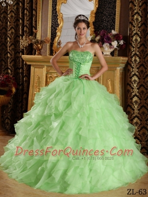 Apple Green Strapless Lace-up Satin and Organza Embroidery with Beading 2014 Spring Quinceanera Dresses