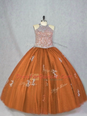 Halter Top Sleeveless Lace Up 15 Quinceanera Dress Brown Tulle