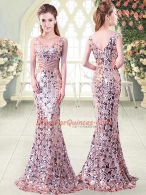 Pink Sleeveless Beading Floor Length Teens Party Dress