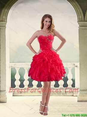 Ball Gown Strapless Red 2015 Prom Dresses with Ruffles and Beading