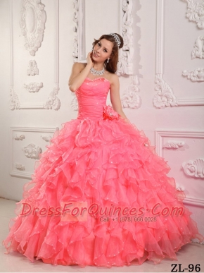 Sweetheart Hot Pink Beadings and Hand Made Flower Watermelon Lace-up Spring Quinceanera Dresses