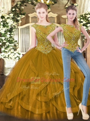 Exceptional Brown Zipper Scoop Beading and Ruffles Sweet 16 Quinceanera Dress Tulle Sleeveless