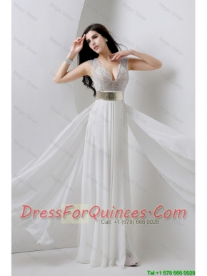 Classical Empire V Neck White Prom Dresses with Beading and Belt