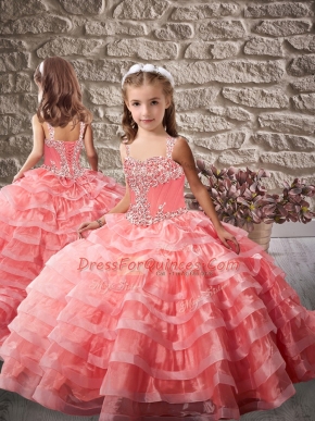 Watermelon Red Brush Train Beading and Ruffled Layers Child Pageant Dress