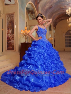 Blue Ball Gown Spaghetti Straps Pretty Quinceanera Dresses with Organza Embroidery