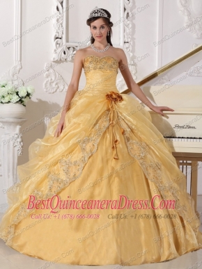 Gold Ball Gown Strapless Floor-length Organza Embroidery with Beading Quinceanera Dress