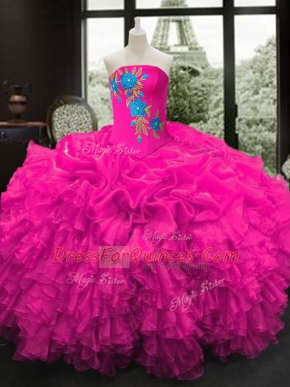Hot Selling Fuchsia Strapless Lace Up Embroidery and Ruffles 15 Quinceanera Dress Sleeveless