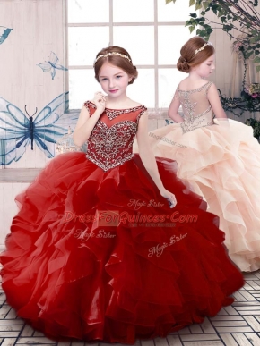 Perfect Red Organza Zipper Child Pageant Dress Sleeveless Floor Length Beading and Ruffles