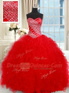 On Sale Ruffled Ball Gowns Quinceanera Gowns Red Sweetheart Tulle Sleeveless Floor Length Lace Up