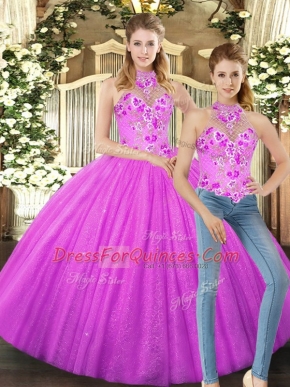 Excellent Floor Length Lilac Sweet 16 Dresses Halter Top Sleeveless Lace Up