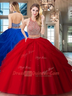 Customized Halter Top Backless Tulle Sleeveless Floor Length Quinceanera Dresses and Beading and Pick Ups
