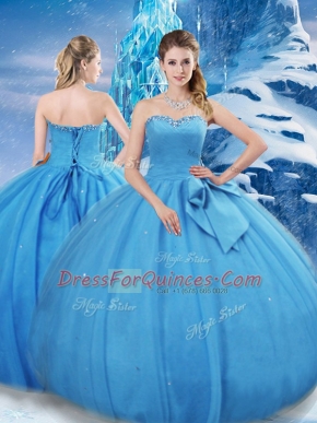 Floor Length Lace Up 15th Birthday Dress Baby Blue for Military Ball and Sweet 16 and Quinceanera with Bowknot