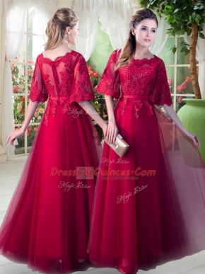 Graceful A-line Red Scoop Tulle Half Sleeves Floor Length Zipper