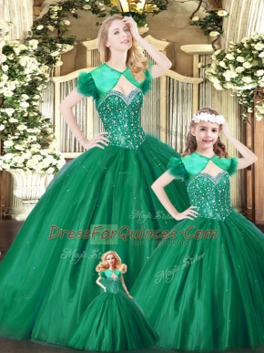 Green Sleeveless Tulle Lace Up 15 Quinceanera Dress for Military Ball and Sweet 16 and Quinceanera