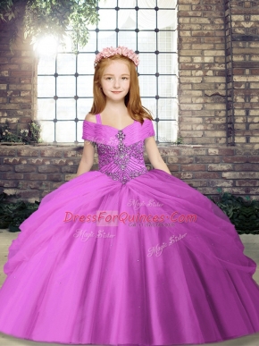 Modern Lilac Lace Up Little Girls Pageant Dress Beading Sleeveless Floor Length