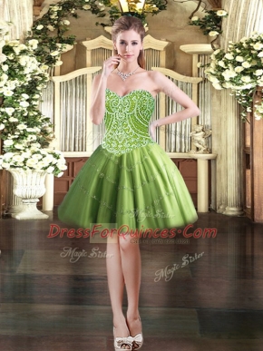 Olive Green Lace Up Prom Party Dress Beading Sleeveless Mini Length