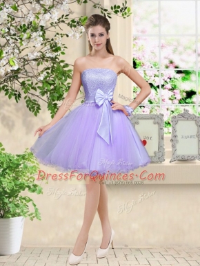 Artistic Lilac Organza Lace Up Off The Shoulder Sleeveless Knee Length Damas Dress Lace and Belt