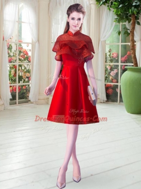 Red Zipper Prom Evening Gown Lace Cap Sleeves Knee Length