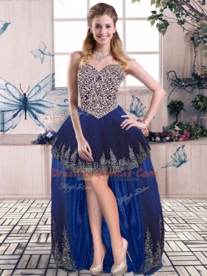 Luxury Royal Blue Tulle Lace Up Prom Dresses Sleeveless High Low Beading and Embroidery