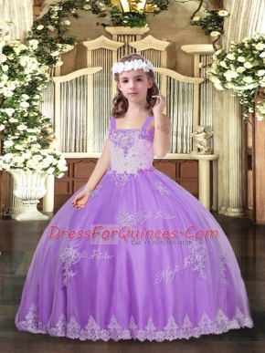 Lavender Straps Neckline Appliques Little Girls Pageant Gowns Sleeveless Lace Up