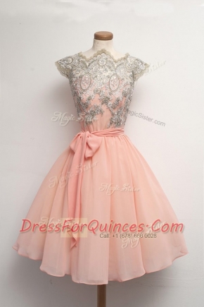Fabulous Peach A-line Chiffon Scalloped Cap Sleeves Appliques Knee Length Zipper Prom Gown