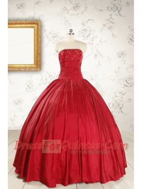 Cheap Red Strapless Sweet 16 Dresses with Beading