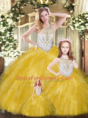 Cheap Scoop Sleeveless Tulle Quinceanera Dresses Beading and Ruffles Lace Up