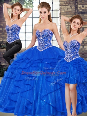 Royal Blue Three Pieces Sweetheart Sleeveless Tulle Floor Length Lace Up Beading and Ruffles Quince Ball Gowns