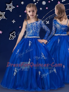 Bateau Sleeveless Little Girl Pageant Gowns Floor Length Beading Royal Blue Organza