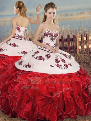 Embroidery and Ruffles Quince Ball Gowns White And Red Lace Up Sleeveless Floor Length