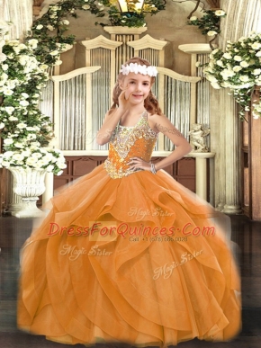 Latest Floor Length Ball Gowns Sleeveless Orange Red Little Girls Pageant Gowns Lace Up