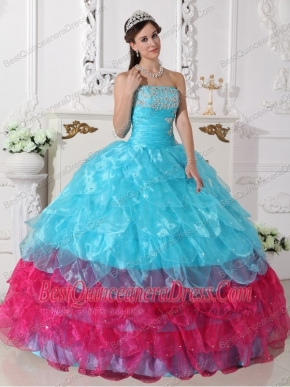 Aqua Blue and Hot Pink Ball Gown Strapless Floor-length Organza Appliques Quinceanera Dress