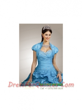 Special Beading and Ruffles Quinceanera Jacket with Ruching in Aqua Blue