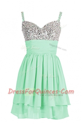 Apple Green Chiffon Zipper Prom Party Dress Sleeveless Mini Length Beading and Ruching