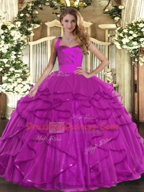 Elegant Fuchsia Halter Top Neckline Ruffles Sweet 16 Quinceanera Dress Sleeveless Lace Up
