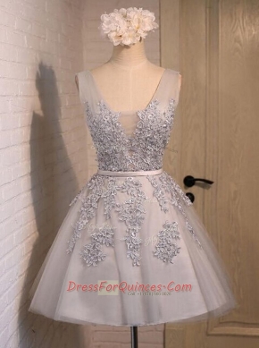 Sexy Grey Sleeveless Mini Length Beading and Appliques Lace Up Dress for Prom