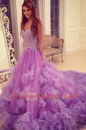 Fantastic Lavender Tulle Backless Prom Dresses Sleeveless With Train Court Train Beading and Hand Made Flower