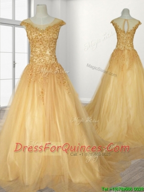 See Through Scoop A Line Beading Quinceanera Gown with Brush Train