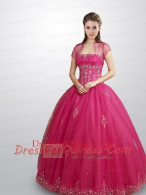 2015 Fashionable Strapless Hot Pink Quince Dresses with Beading