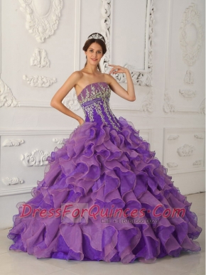 Strapless Ball Gown Purple Ruffles Beadings and Appliques 2014 Quiceanera Dresses