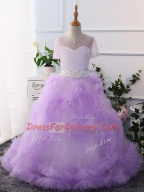Charming Scoop Short Sleeves Tulle Little Girl Pageant Gowns Beading Clasp Handle