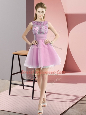 New Arrival Chiffon Bateau Sleeveless Zipper Beading and Bowknot Prom Dress in Rose Pink
