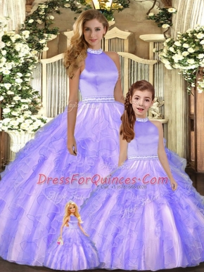 Tulle Halter Top Sleeveless Backless Beading and Ruffles Quinceanera Dress in Lavender
